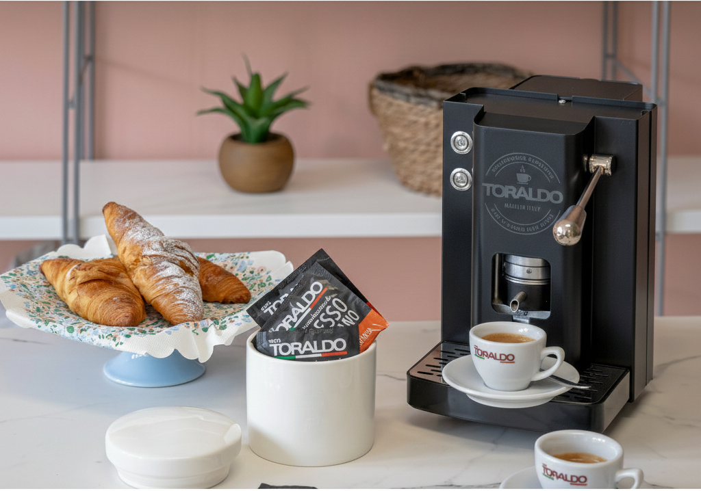 Toraldo coffee machine with coffee cups and pastries on a table
